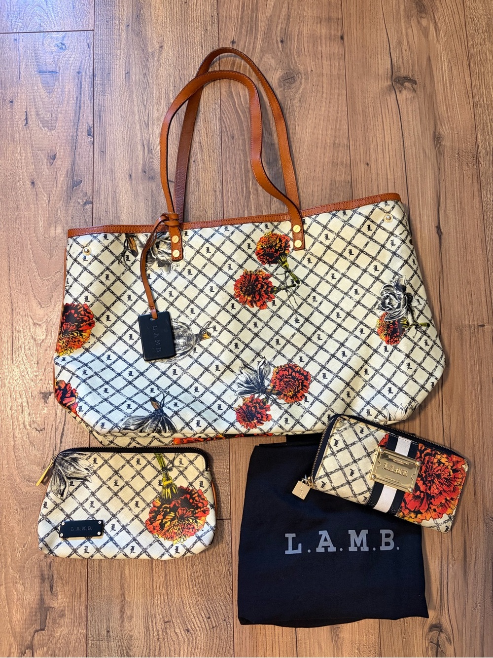 L.A.M.B. Gwen Stefani Vintage Floral Marigold Set Tote Wallet Cosmetic Bag